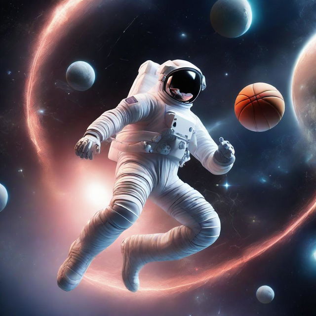 A 3D illustration showing an astronaut energetically playing basketball in space, incorporating aspects of zero gravity, space suits, and a futuristic aesthetic.