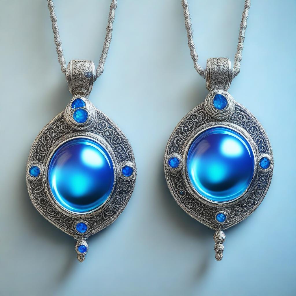 A digital art image of two identical floating amulets