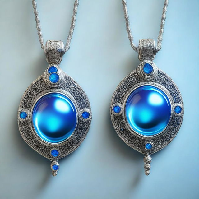 A digital art image of two identical floating amulets