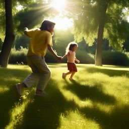 Depict a joyous moment in a vibrant park on a radiant summer day with a young uncle named Shariq and a child named Rila chasing while laughing. The lighting should be bright, casting inviting rays that create playful shadows on the grass.