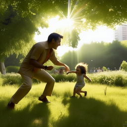 Depict a joyous moment in a vibrant park on a radiant summer day with a young uncle named Shariq and a child named Rila chasing while laughing. The lighting should be bright, casting inviting rays that create playful shadows on the grass.