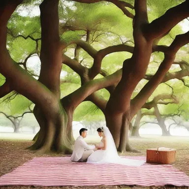 The couple shared a romantic picnic under the shade of a majestic mahogany tree, enjoying the warmth of its reddish-brown wood and the tranquility of the setting.
