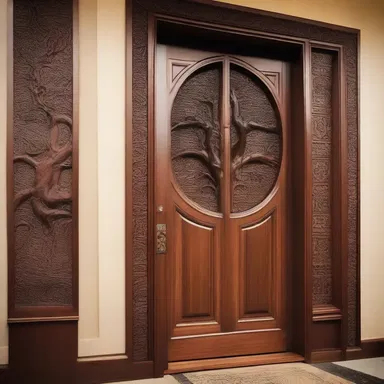 The architect incorporated a mahogany tree motif into the intricate carvings and patterns of the wooden door, giving a touch of elegance and sophistication to the design.