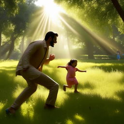 Depict a joyous moment in a vibrant park on a radiant summer day with a young uncle named Shariq and a child named Rila chasing while laughing. The lighting should be bright, casting inviting rays that create playful shadows on the grass.