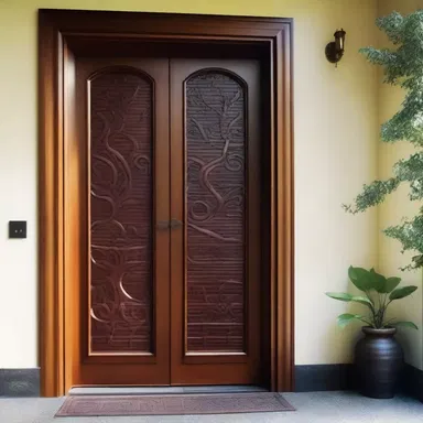 The architect incorporated a mahogany tree motif into the intricate carvings and patterns of the wooden door, giving a touch of elegance and sophistication to the design.