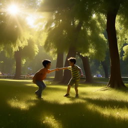 Depict a joyous moment in a vibrant park on a radiant summer day with a young uncle named Shariq and a child named Rila chasing while laughing. The lighting should be bright, casting inviting rays that create playful shadows on the grass.