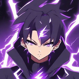 Anime character boy with black and purple hair, black eyes, one eye glowing, black clothing, endowed with lightning powers, and wearing a lightning necklace