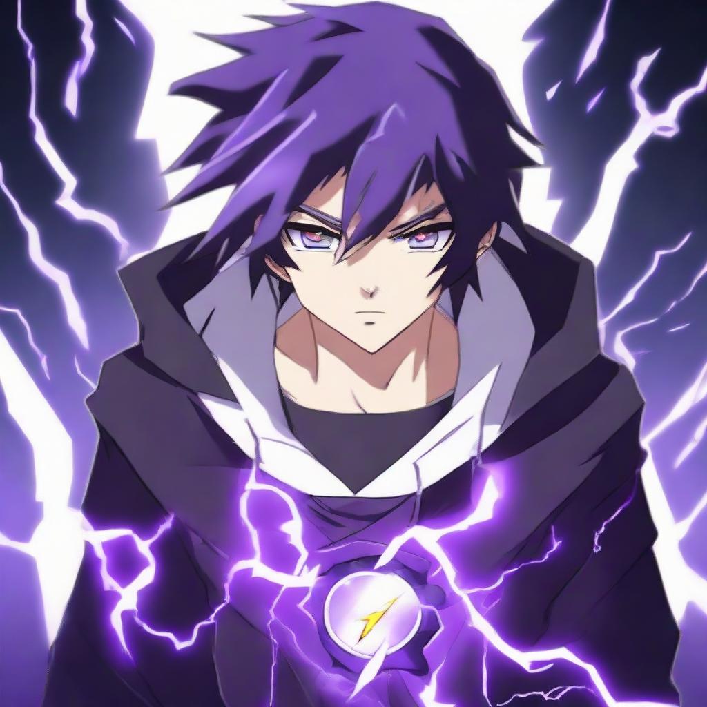 Anime character boy with black and purple hair, black eyes, one eye glowing, black clothing, endowed with lightning powers, and wearing a lightning necklace