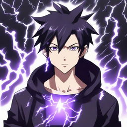 Anime character boy with black and purple hair, black eyes, one eye glowing, black clothing, endowed with lightning powers, and wearing a lightning necklace