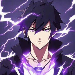 Anime character boy with black and purple hair, black eyes, one eye glowing, black clothing, endowed with lightning powers, and wearing a lightning necklace