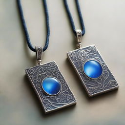 A high-quality book cover image representing two identical silver amulets, appearing as magical necklaces