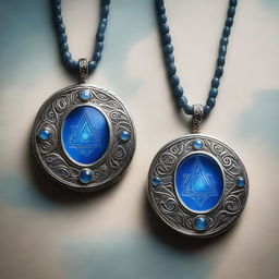 A high-quality book cover image representing two identical silver amulets, appearing as magical necklaces