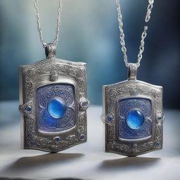 A high-quality book cover image representing two identical silver amulets, appearing as magical necklaces