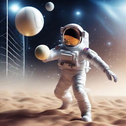 A 3D illustration of an astronaut in a space suit engaging in a spirited game of volleyball in the zero-gravity environment of space, encapsulating a futuristic atmosphere.