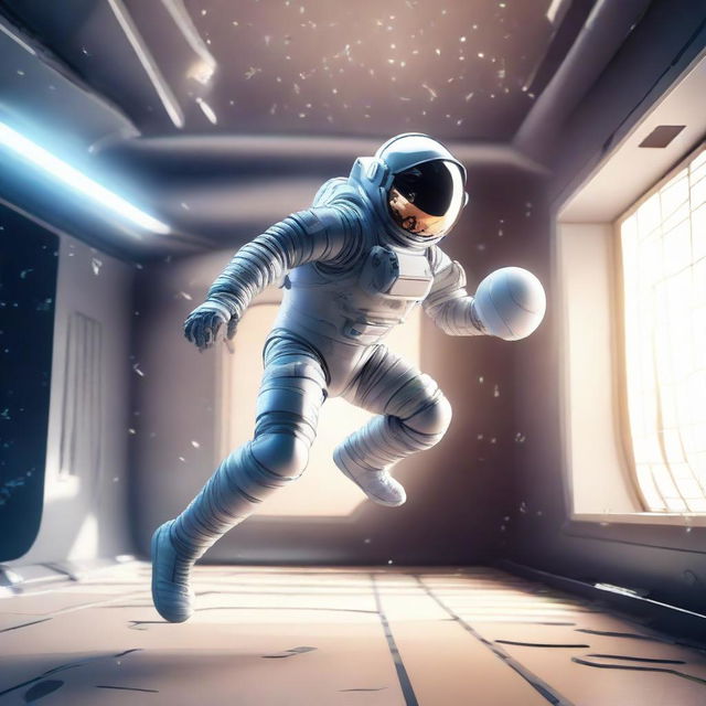 A 3D illustration of an astronaut in a space suit engaging in a spirited game of volleyball in the zero-gravity environment of space, encapsulating a futuristic atmosphere.