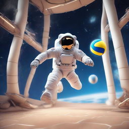 A 3D illustration of an astronaut in a space suit engaging in a spirited game of volleyball in the zero-gravity environment of space, encapsulating a futuristic atmosphere.