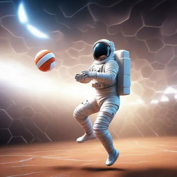 A 3D illustration of an astronaut in a space suit engaging in a spirited game of volleyball in the zero-gravity environment of space, encapsulating a futuristic atmosphere.