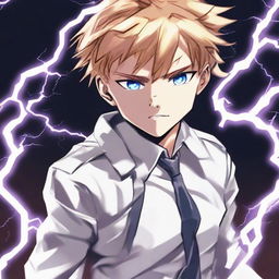 A schoolboy dressed in a crisp white uniform, stood with boldness, vibrant streaks of lightning sparking from his fingertips.