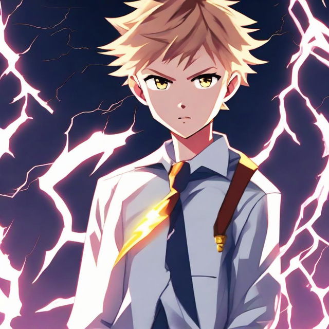 A schoolboy dressed in a crisp white uniform, stood with boldness, vibrant streaks of lightning sparking from his fingertips.