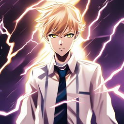 A schoolboy dressed in a crisp white uniform, stood with boldness, vibrant streaks of lightning sparking from his fingertips.