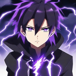 Anime character boy with black and purple hair, black eyes, one eye mysteriously glowing, black clothing, showcasing lightning powers, and featuring a lightning necklace