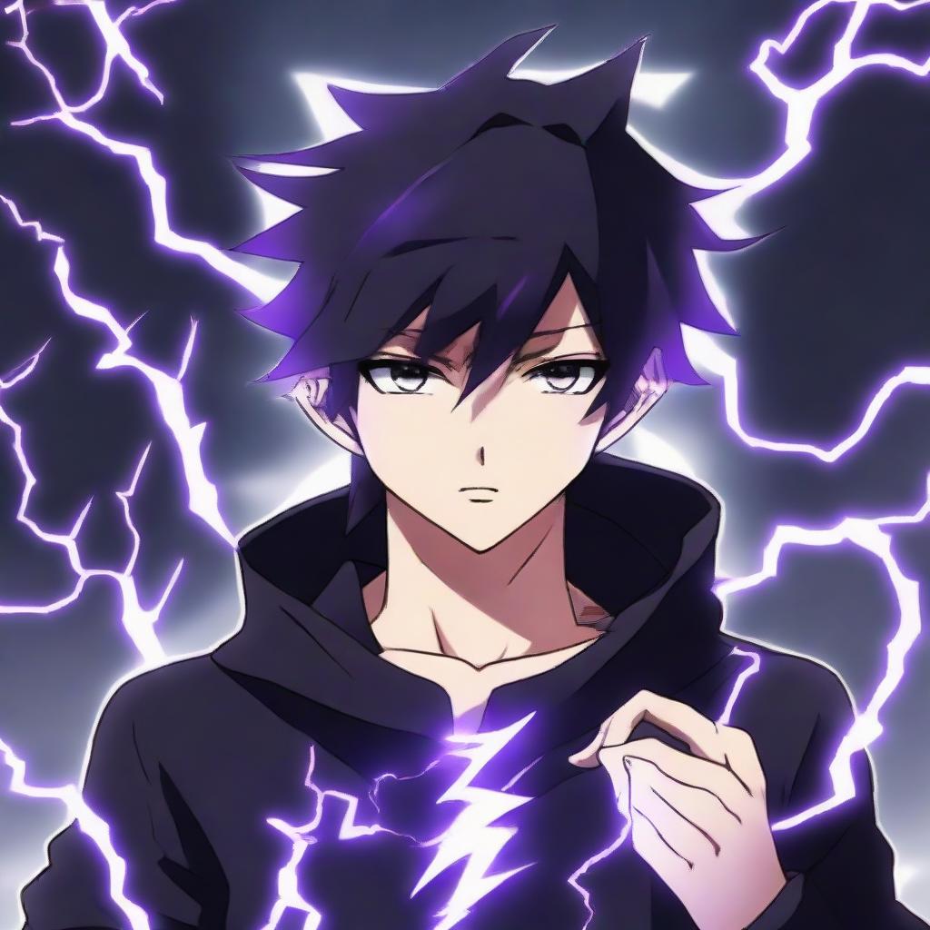 Anime character boy with black and purple hair, black eyes, one eye mysteriously glowing, black clothing, showcasing lightning powers, and featuring a lightning necklace