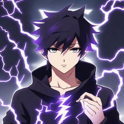 Anime character boy with black and purple hair, black eyes, one eye mysteriously glowing, black clothing, showcasing lightning powers, and featuring a lightning necklace