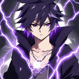 Anime character boy with black and purple hair, black eyes, one eye mysteriously glowing, black clothing, showcasing lightning powers, and featuring a lightning necklace