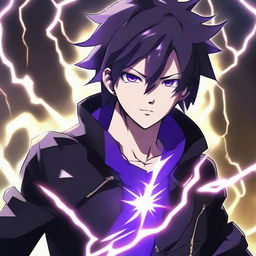 Anime character boy with black and purple hair, black eyes, one eye mysteriously glowing, black clothing, showcasing lightning powers, and featuring a lightning necklace