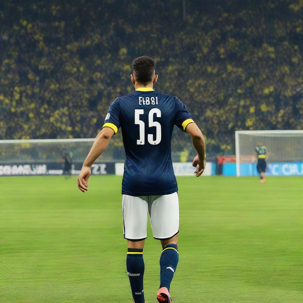 Back view of a soccer player named Fatih, wearing his number 68 jersey, on the field being cheered on by the crowd at Fenerbahçe Ülker stadium.