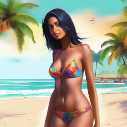 A high-quality digital art piece featuring a beautiful, slender Indian girl in a bathing suit