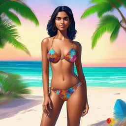 A high-quality digital art piece featuring a beautiful, slender Indian girl in a bathing suit