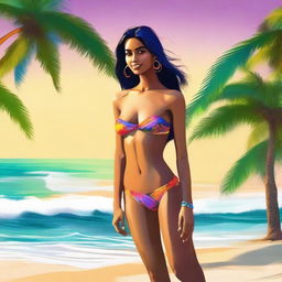 A high-quality digital art piece featuring a beautiful, slender Indian girl in a bathing suit