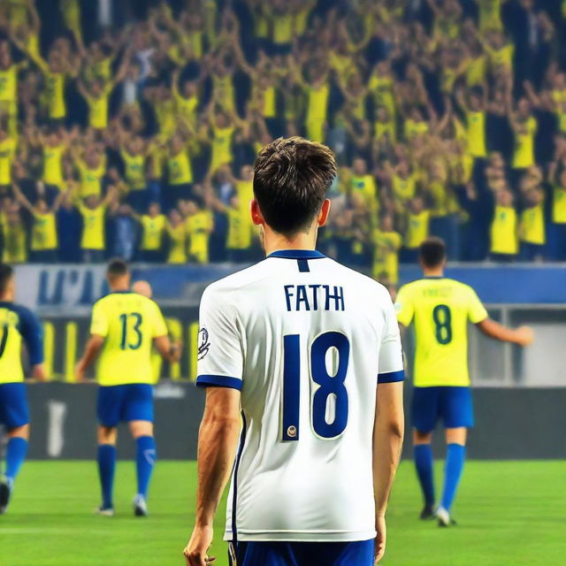 Back view of a soccer player named Fatih, wearing his number 68 jersey, on the field being cheered on by the crowd at Fenerbahçe Ülker stadium.