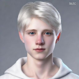 Create a hyperrealistic portrait of an 18-year old individual named Nate River. He has a slim build, pale doll-like skin, a V-shaped face with soft features, and always harbors an expressionless appearance. He has silvery-white straight hair and large, light-colored eyes. He is frequently seen in white clothing.