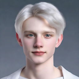 Create a hyperrealistic portrait of an 18-year old individual named Nate River. He has a slim build, pale doll-like skin, a V-shaped face with soft features, and always harbors an expressionless appearance. He has silvery-white straight hair and large, light-colored eyes. He is frequently seen in white clothing.