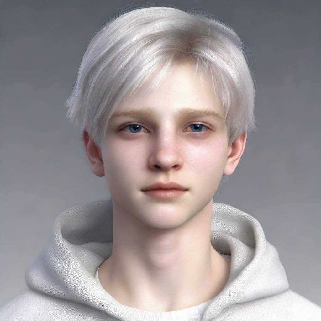 Create a hyperrealistic portrait of an 18-year old individual named Nate River. He has a slim build, pale doll-like skin, a V-shaped face with soft features, and always harbors an expressionless appearance. He has silvery-white straight hair and large, light-colored eyes. He is frequently seen in white clothing.