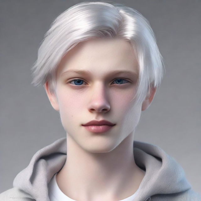 Create a hyperrealistic portrait of an 18-year old individual named Nate River. He has a slim build, pale doll-like skin, a V-shaped face with soft features, and always harbors an expressionless appearance. He has silvery-white straight hair and large, light-colored eyes. He is frequently seen in white clothing.