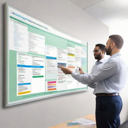 Illustrate an effective team setting in an office environment where each member understands and contributes towards clearly defined project goals. Include schedules, success criteria and expected outcomes visualized on project management boards.