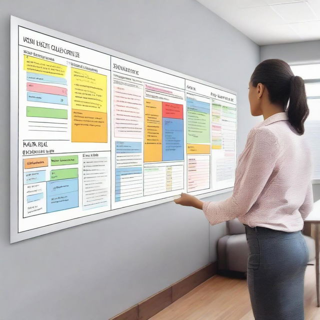 Illustrate an effective team setting in an office environment where each member understands and contributes towards clearly defined project goals. Include schedules, success criteria and expected outcomes visualized on project management boards.