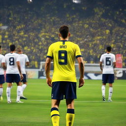 Back view of a soccer player named Fatih, wearing jersey number 68, standing on the field in front of enthusiastic spectators at Fenerbahçe Ülker stadium.