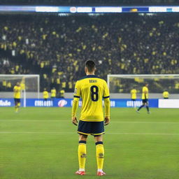 Back view of a soccer player named Fatih, wearing jersey number 68, standing on the field in front of enthusiastic spectators at Fenerbahçe Ülker stadium.