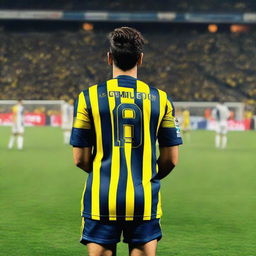 Back view of a soccer player named Fatih, wearing jersey number 68, standing on the field in front of enthusiastic spectators at Fenerbahçe Ülker stadium.