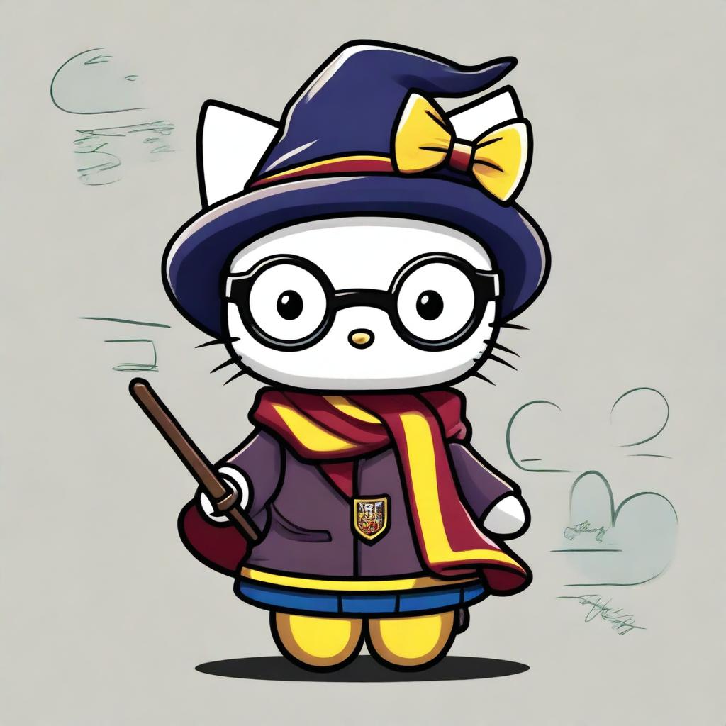 This is a high-quality digital art image of Hello Kitty dressed in a Harry Potter costume