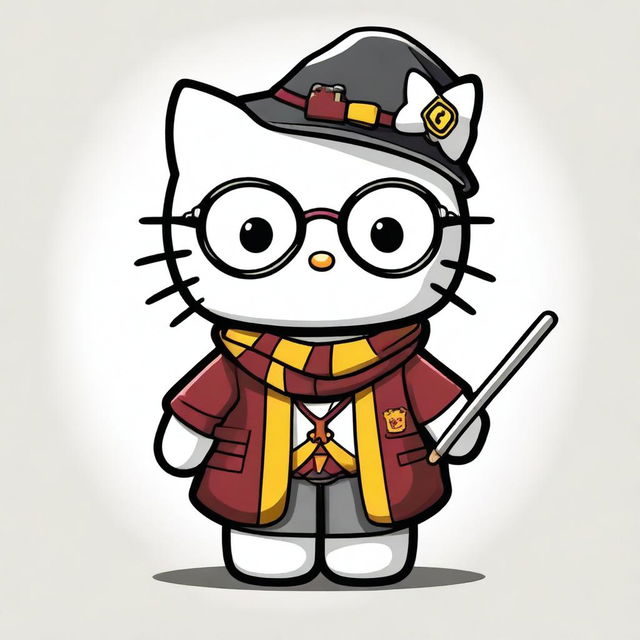 This is a high-quality digital art image of Hello Kitty dressed in a Harry Potter costume