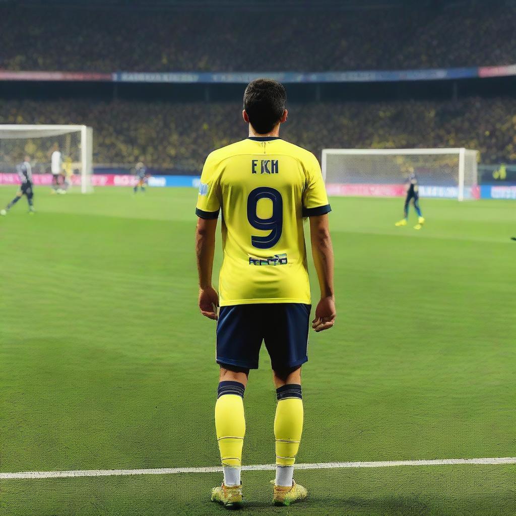 Back view of a soccer player named Fatih, wearing a jersey with number 68, standing on the field with spectators in the background at Fenerbahçe Ülker stadium.