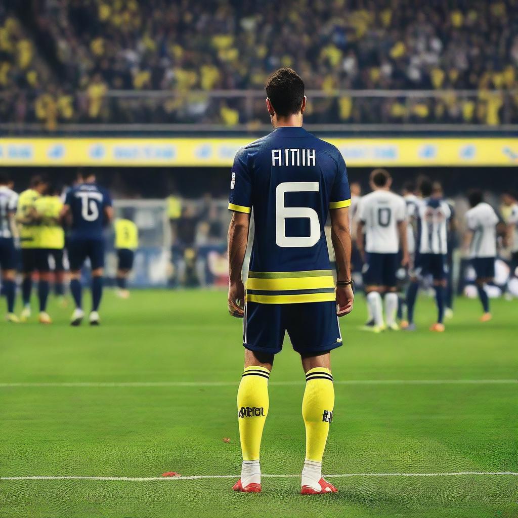 Back view of a soccer player named Fatih, wearing a jersey with number 68, standing on the field with spectators in the background at Fenerbahçe Ülker stadium.