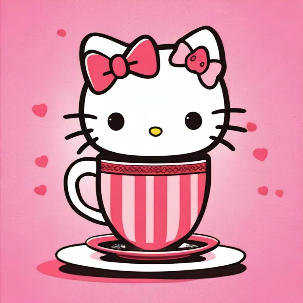 This is a delightful digital art image of Hello Kitty enjoying her coffee