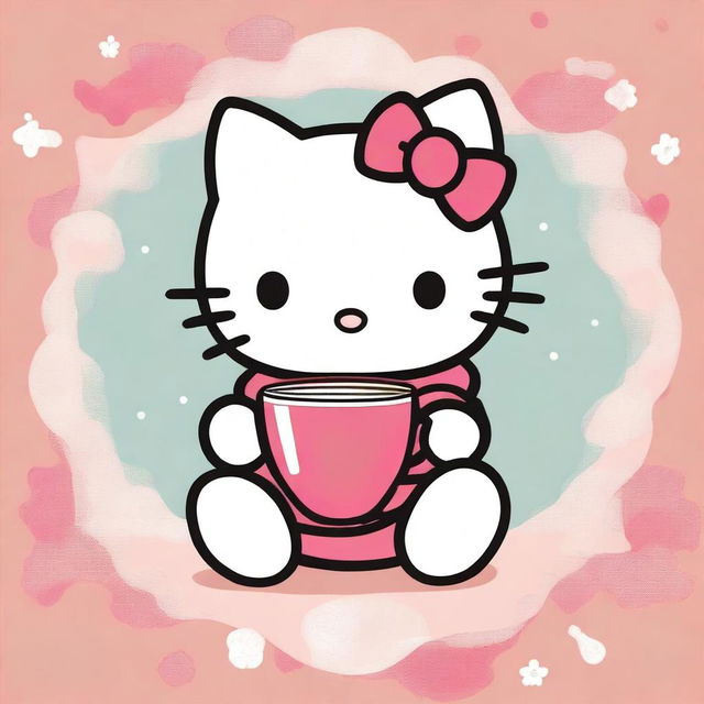 This is a delightful digital art image of Hello Kitty enjoying her coffee