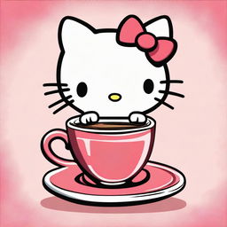 This is a delightful digital art image of Hello Kitty enjoying her coffee